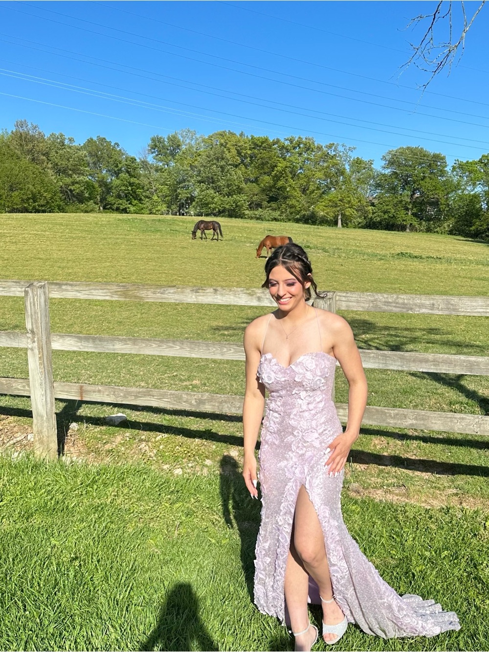 Jovani Lilac Strapless Lace Prom Gown with Thigh Slit